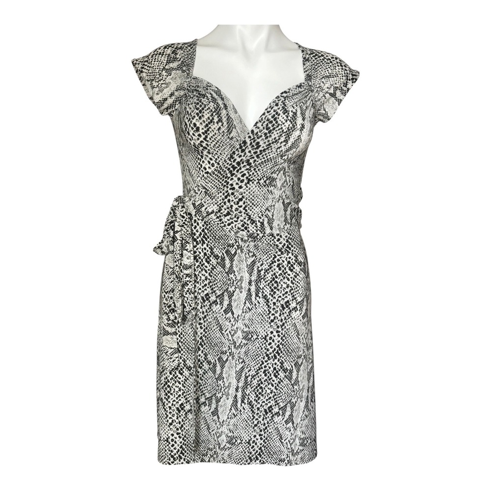 NORMA KAMALI Snake Print V-Neck Wrap Dress‎ Cream Black Knit Stretch Size Small